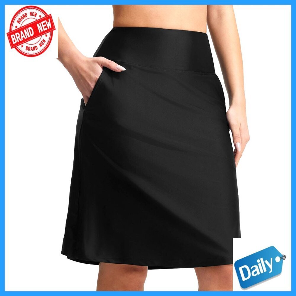 Medium Swim Skort High Waisted Knee Length UPF50+ Tummy Control Pockets